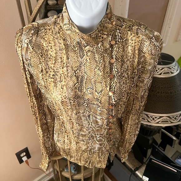 ADRIANNA PAPELL Snake Print Side Button down Closure, High Neck 100% Silk Blouse - Picture 3 of 12